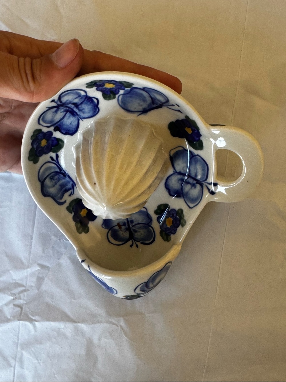 Vintage Unikat Polish Pottery Blue Floral Ceramic Citrus Juicer - Picture 2 of 7